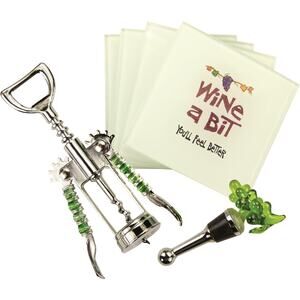 Accessory Kit Wine A Bit Corkscrew Bottle Stopper Glass Coasters 6-Pc Set 5378